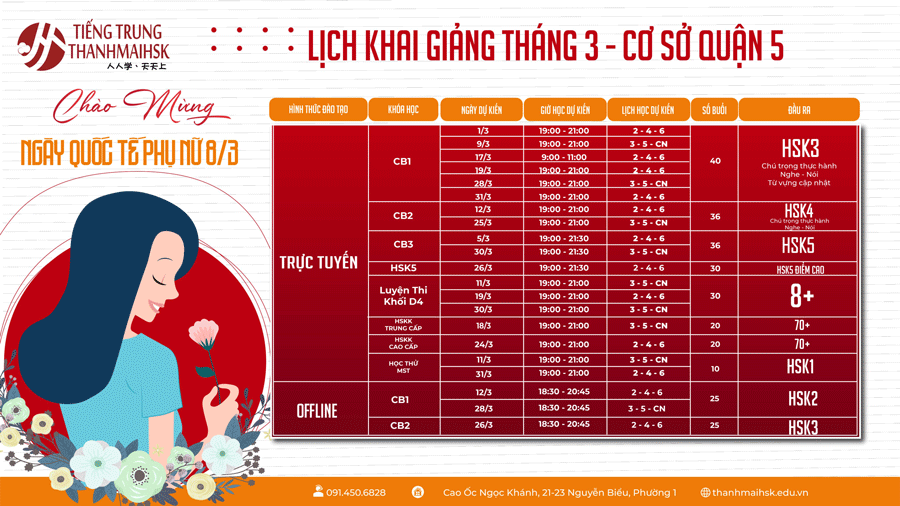 Lịch học tiếng Hoa quận 5